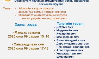 ЯВУУЛЫН АМБУЛАТОРЫН 3 ДУГААР ЭЭЛЖИЙН ҮЗЛЭГ МАНДАХ САЙХАНДУЛААН СУМДАД ЗОХИОН БАЙГУУЛАГДАЖ БАЙНА.
