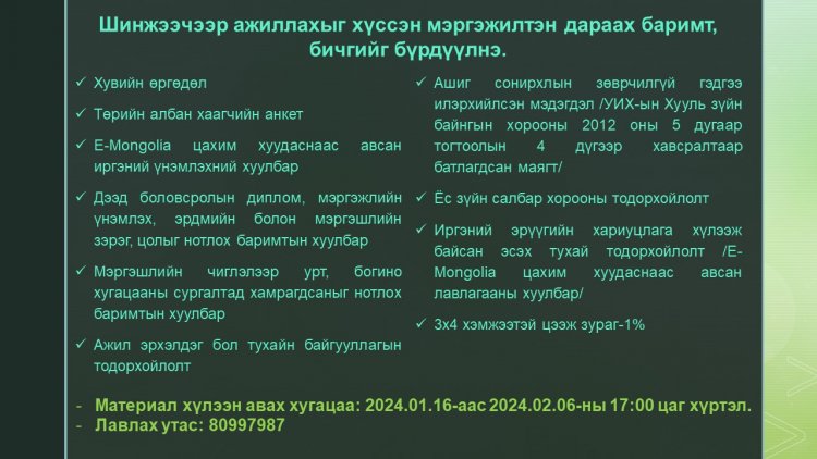 Орон тооны бус шинжээч сонгон шалгаруулж авна.